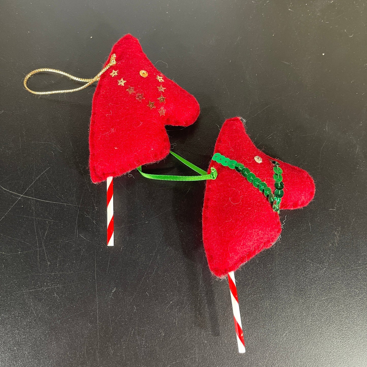 Ravishing red ponies on a stick set of 2 vintage felt ornament
