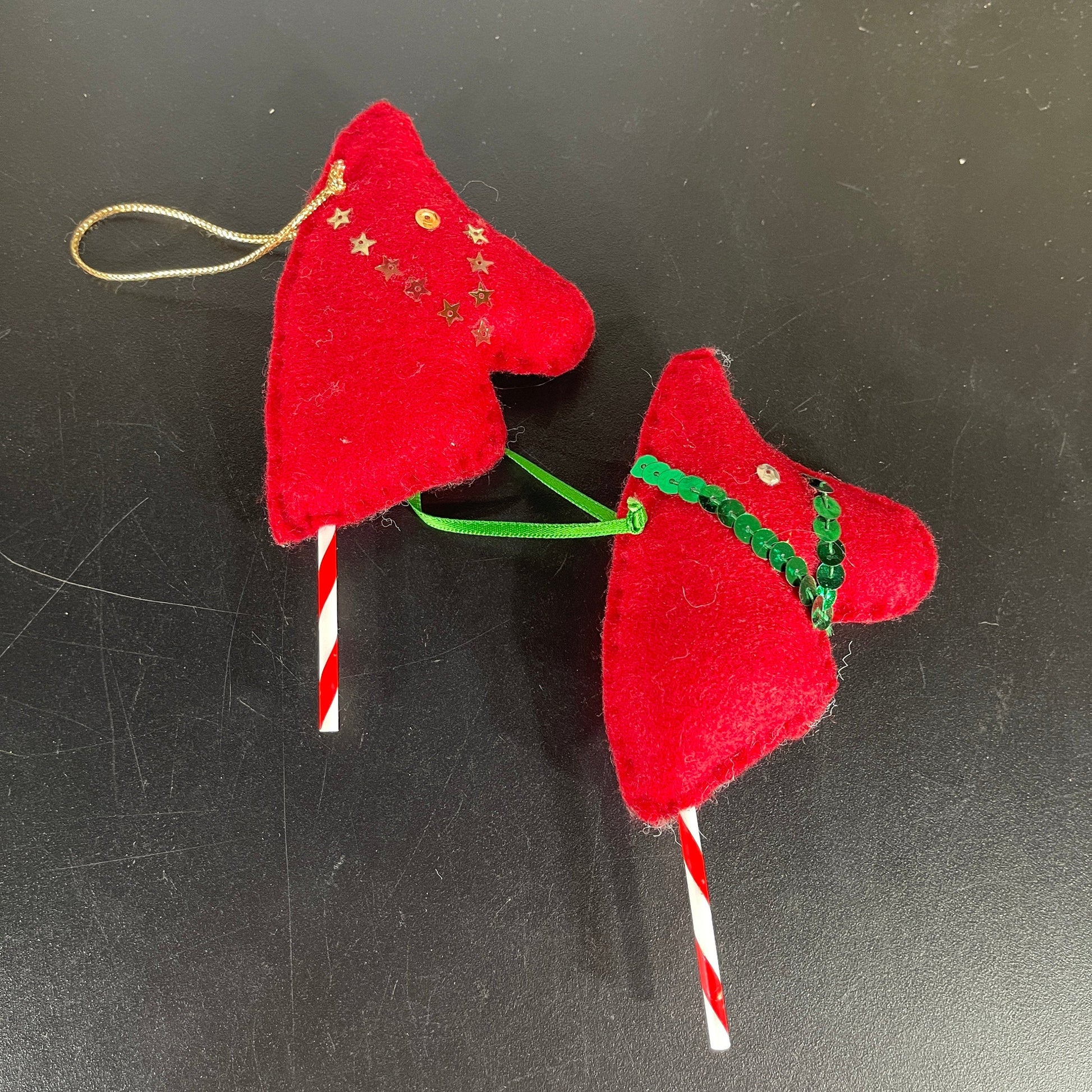 Ravishing red ponies on a stick set of 2 vintage felt ornament