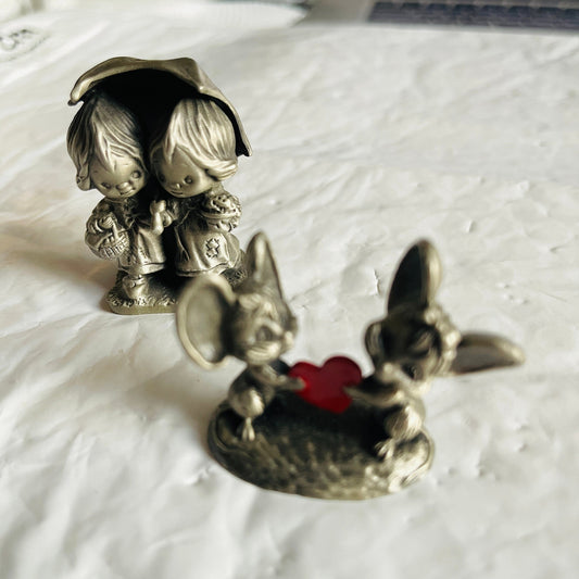 Pewter, Hallmark Cards, Little Gallery, Choice of 1977 Betsy Clark Under Umbrella or 1981 Mice Wish Heart Vintage Figurines
