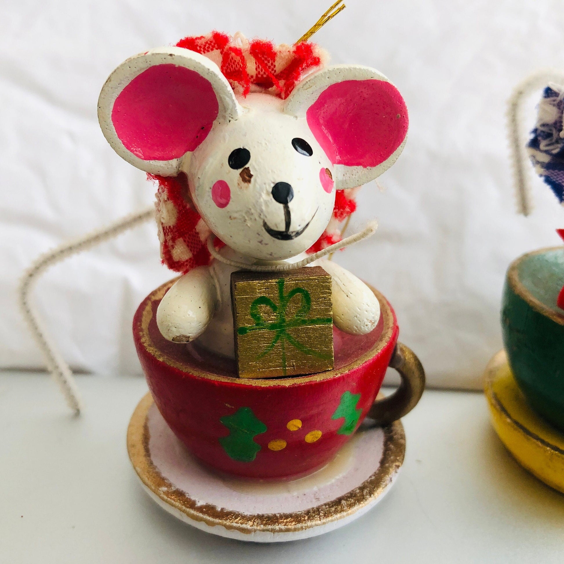 Giftco, Tea For Two, Mouse Ornaments, Vintage 1983, Set Of 2, Wooden Ornaments