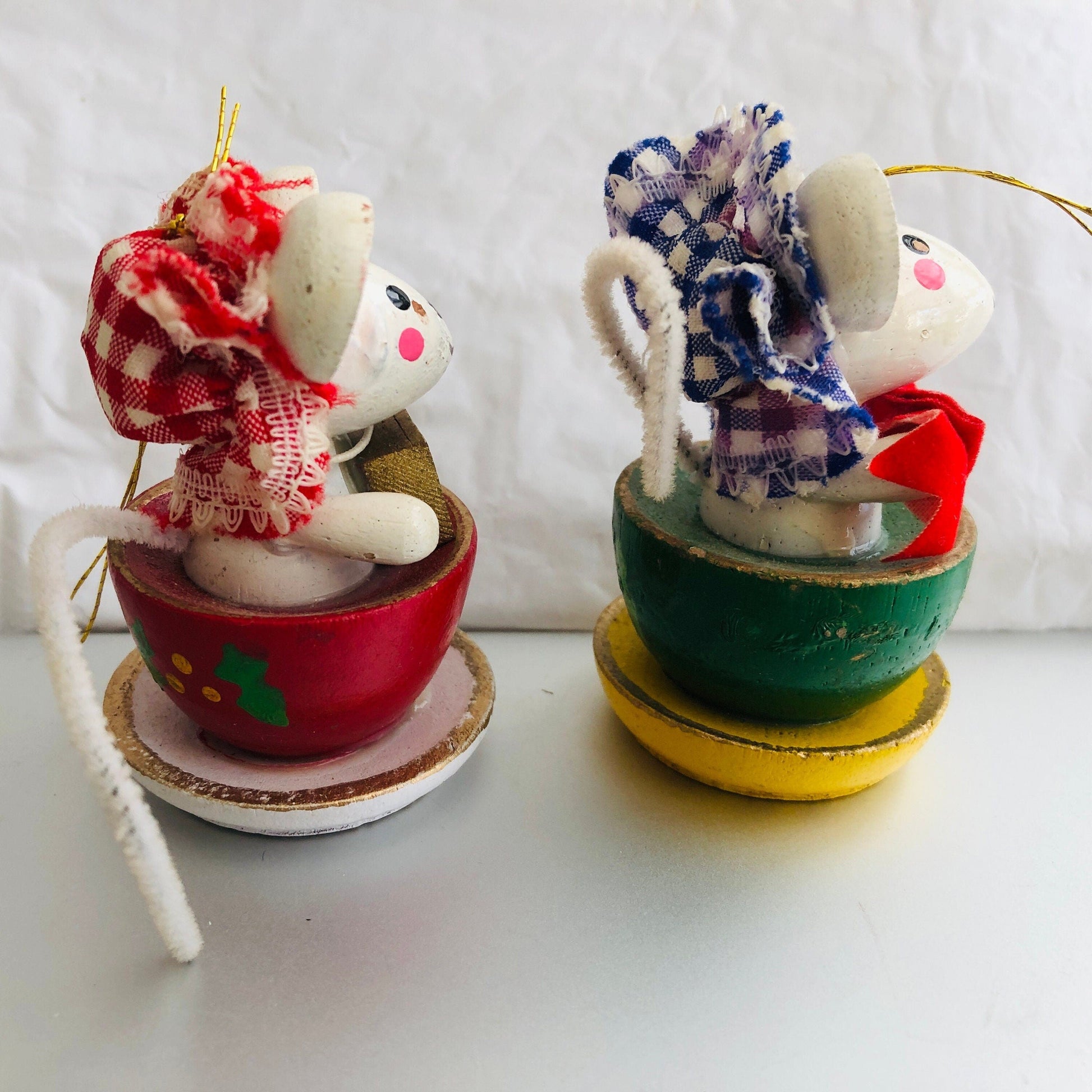 Giftco, Tea For Two, Mouse Ornaments, Vintage 1983, Set Of 2, Wooden Ornaments