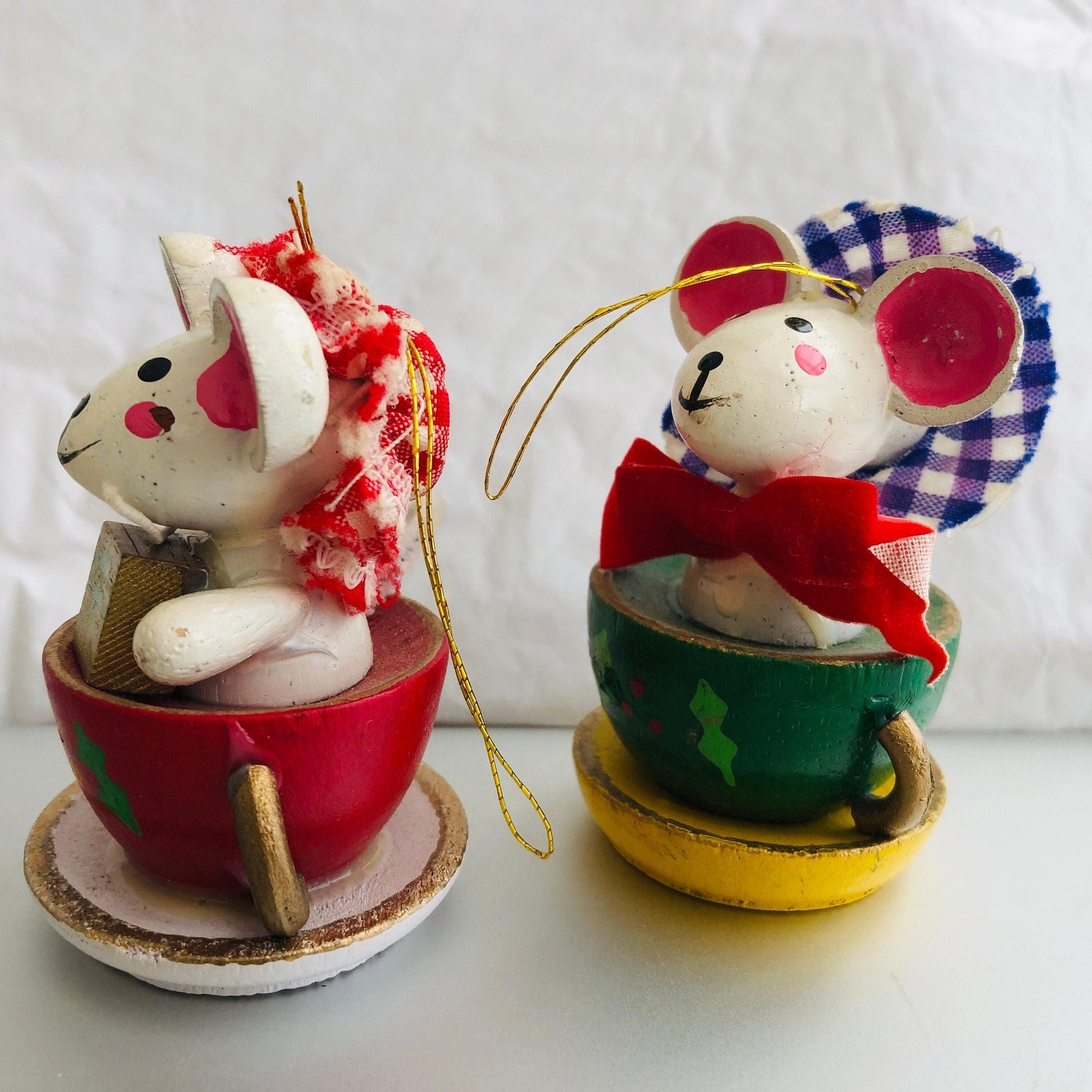 Giftco, Tea For Two, Mouse Ornaments, Vintage 1983, Set Of 2, Wooden Ornaments