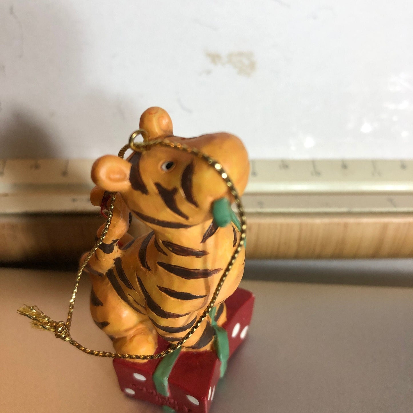 Tiger Sitting On A Wrapped Gift Box, Vintage Christmas Ornament