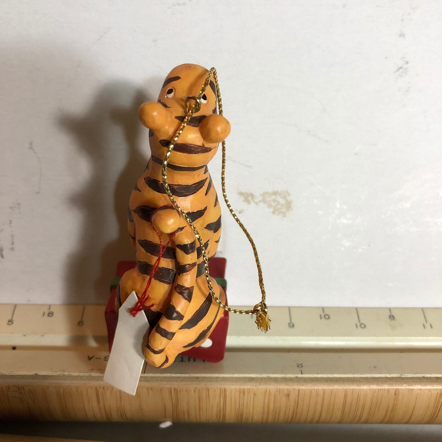 Tiger Sitting On A Wrapped Gift Box, Vintage Christmas Ornament