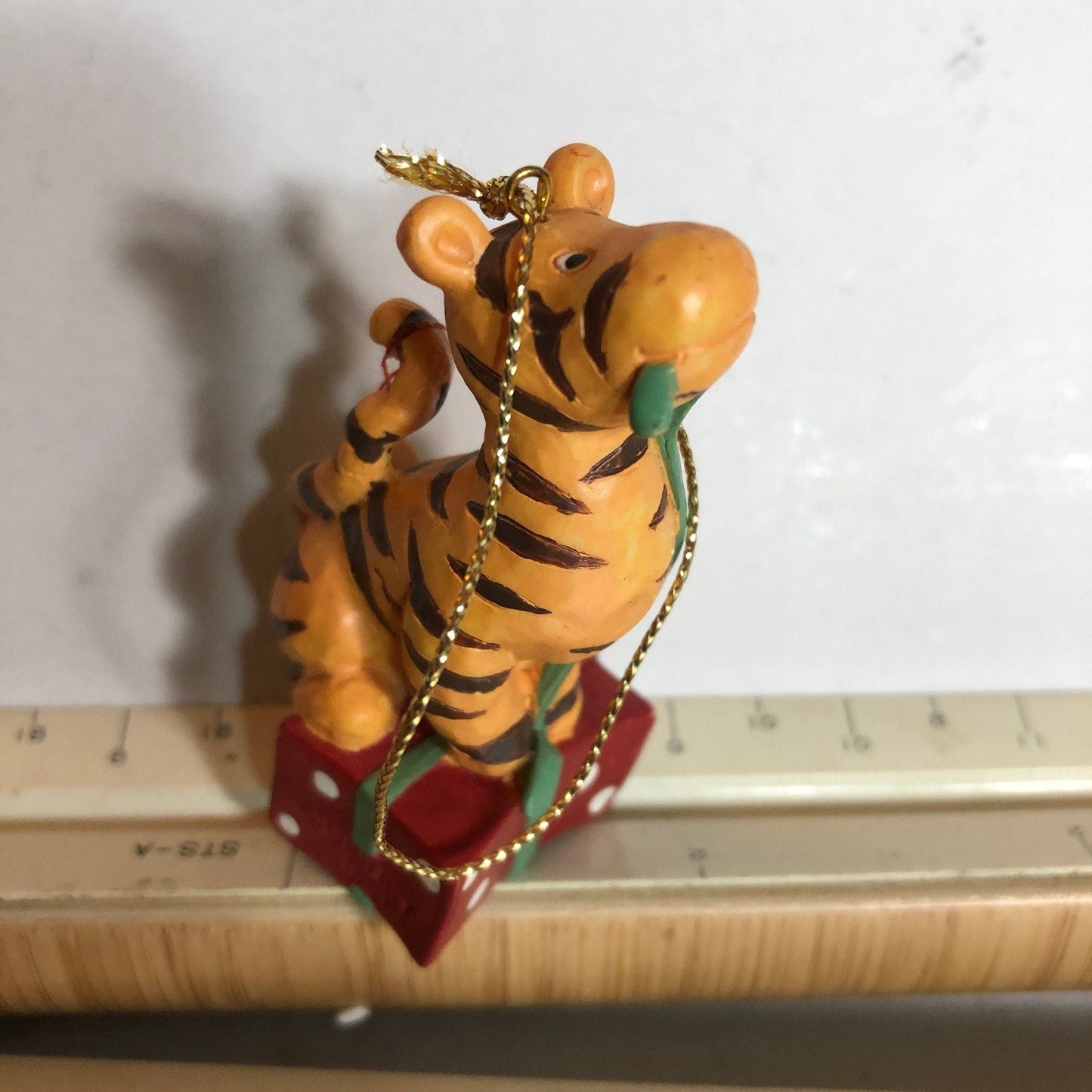 Tiger Sitting On A Wrapped Gift Box, Vintage Christmas Ornament