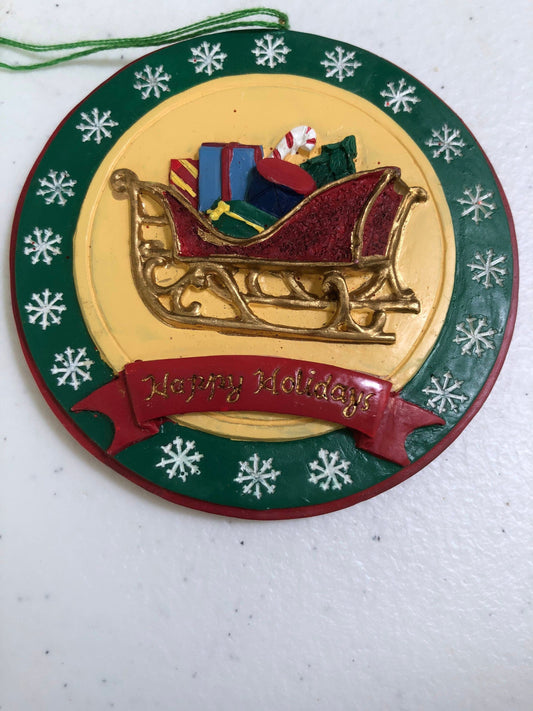Santas Sleigh Full of Presents, "Happy Holidays" Vintage, Resin, Christmas Tree Ornament