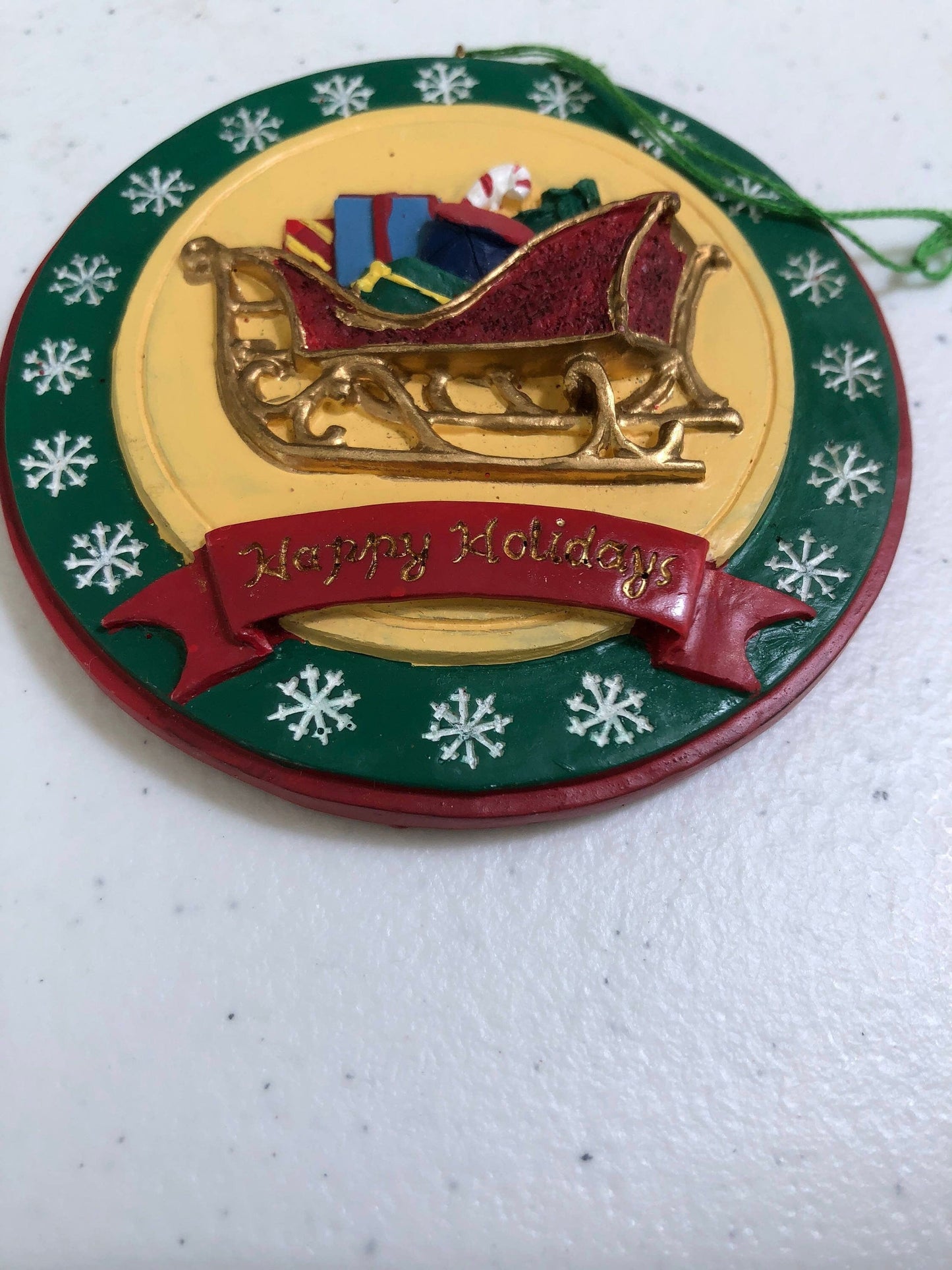 Santas Sleigh Full of Presents, "Happy Holidays" Vintage, Resin, Christmas Tree Ornament