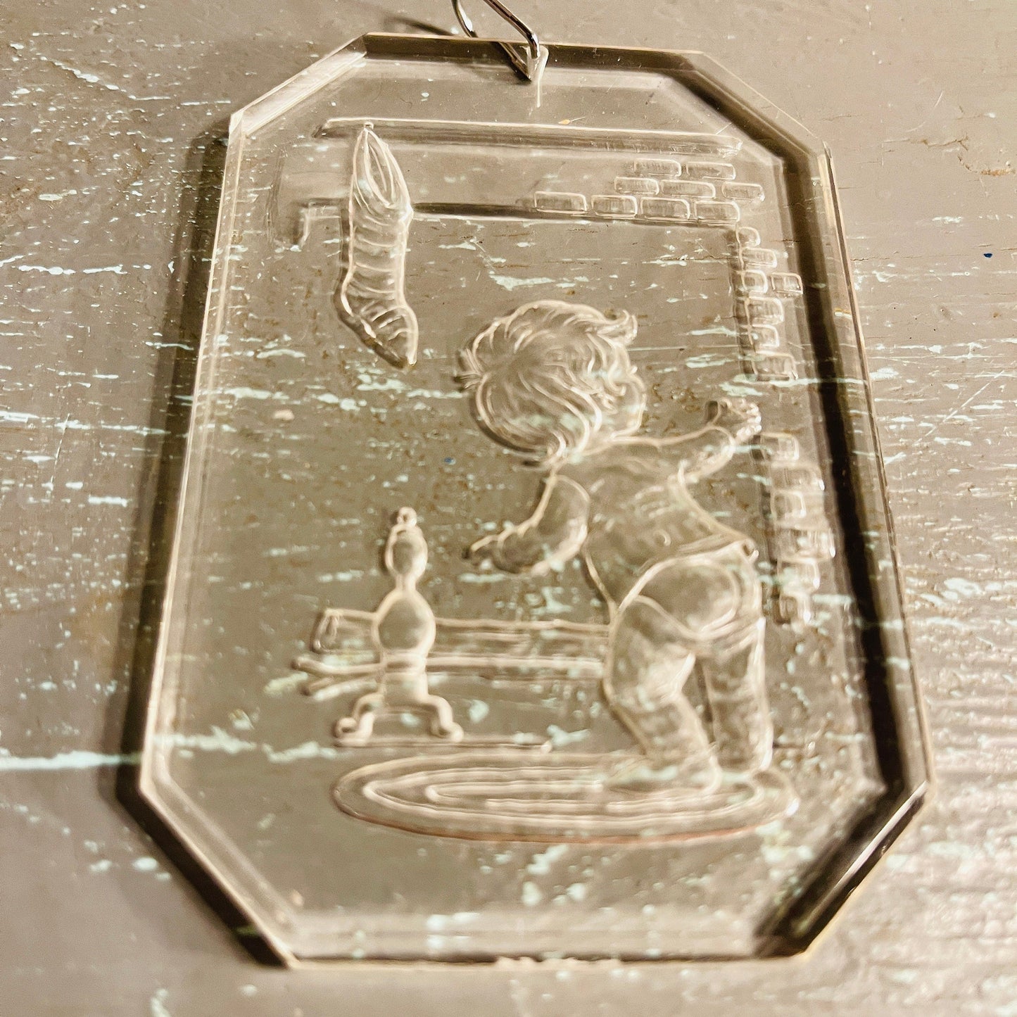 Crystal Etchings By Comar Boy At The Fireplace Looking For Santa , Vintage 1977, Acrylic Ornament