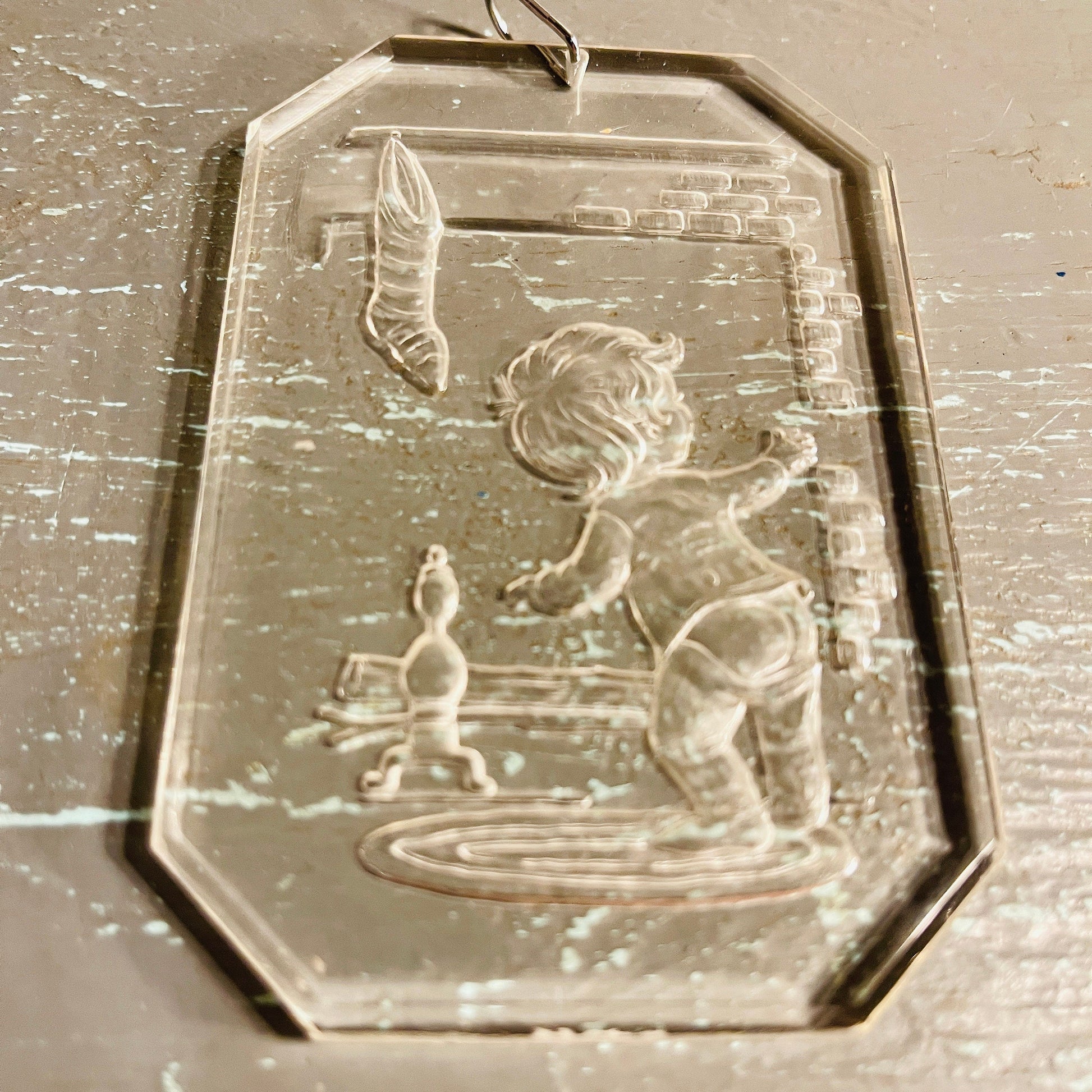 Crystal Etchings By Comar Boy At The Fireplace Looking For Santa , Vintage 1977, Acrylic Ornament