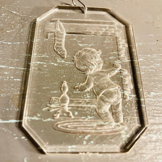 Crystal Etchings By Comar Boy At The Fireplace Looking For Santa , Vintage 1977, Acrylic Ornament