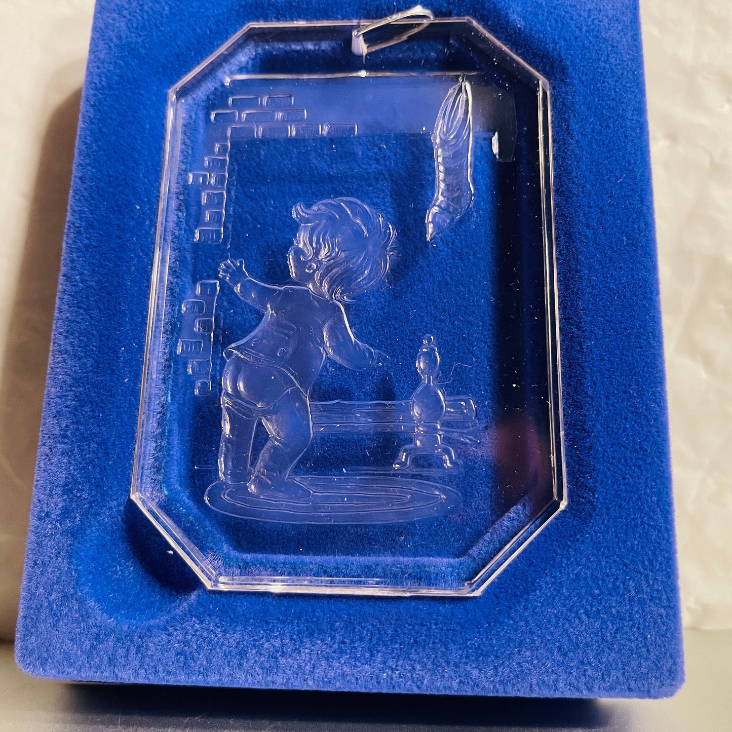Crystal Etchings By Comar Boy At The Fireplace Looking For Santa , Vintage 1977, Acrylic Ornament