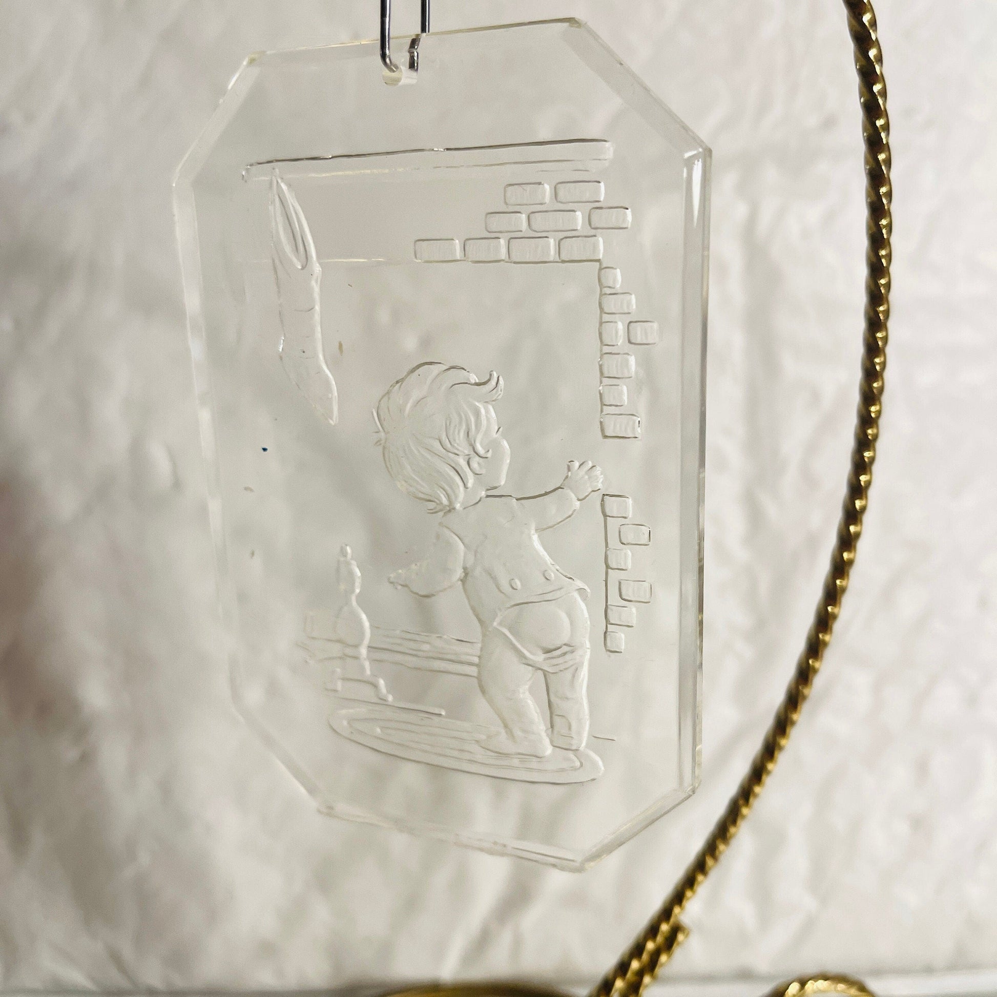Crystal Etchings By Comar Boy At The Fireplace Looking For Santa , Vintage 1977, Acrylic Ornament