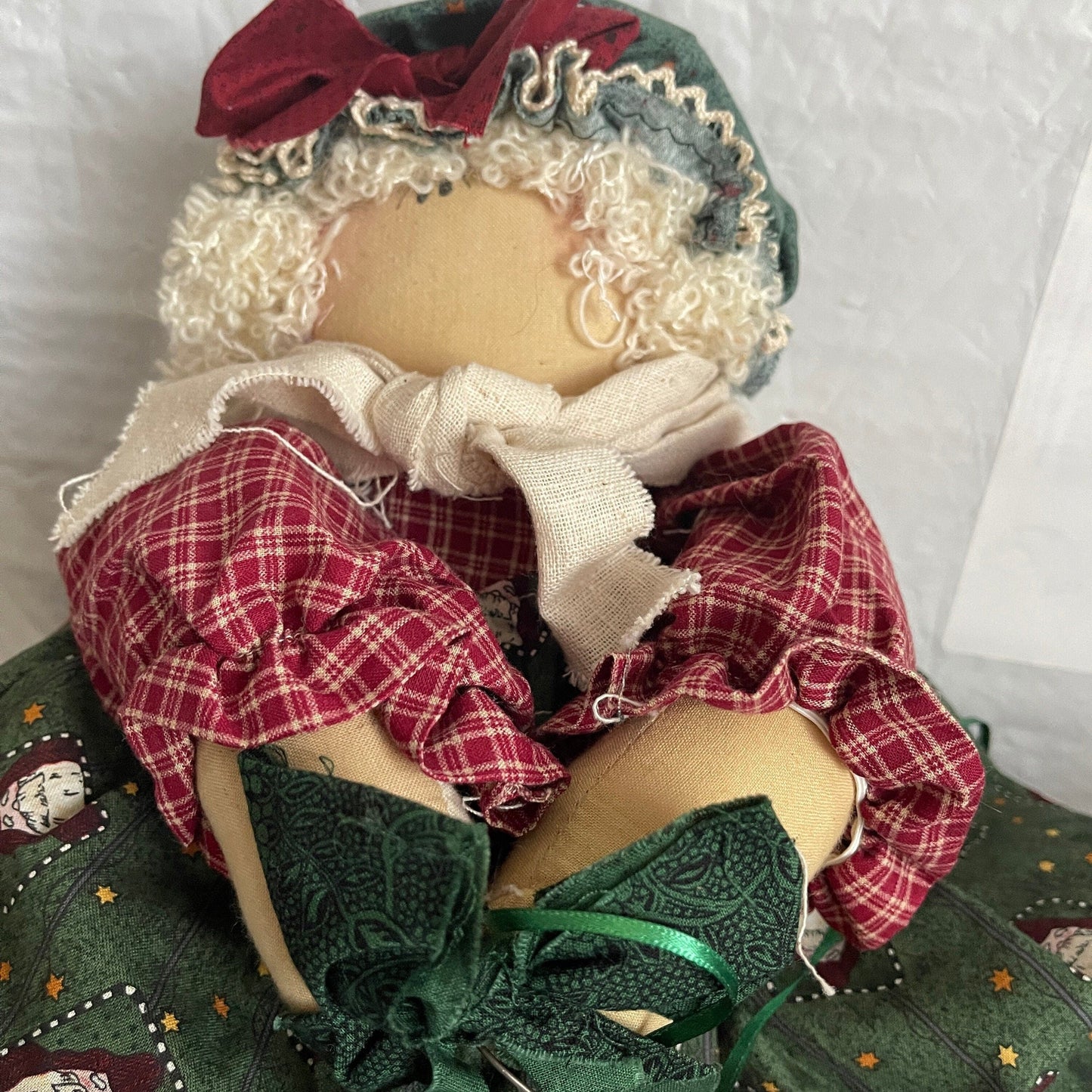Primitive Hand Made Christmas Rag Doll Holding a Wooden Stocking Ornament 17 Inches Tall