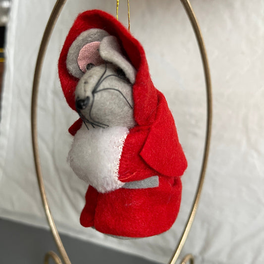 Pretty Little Lady Mouse In Red Bonnet and Coat with White Hand Warmer Vintage Felt Christmas Ornament