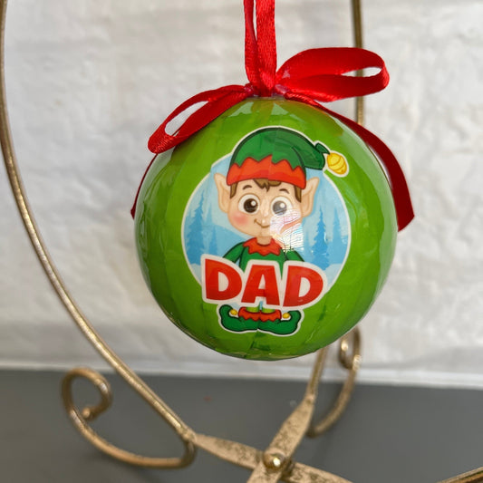 Dad Elf Green Plastic Ball Ornament with Red Ribbon Hanger Vintage Christmas Tree Ornament