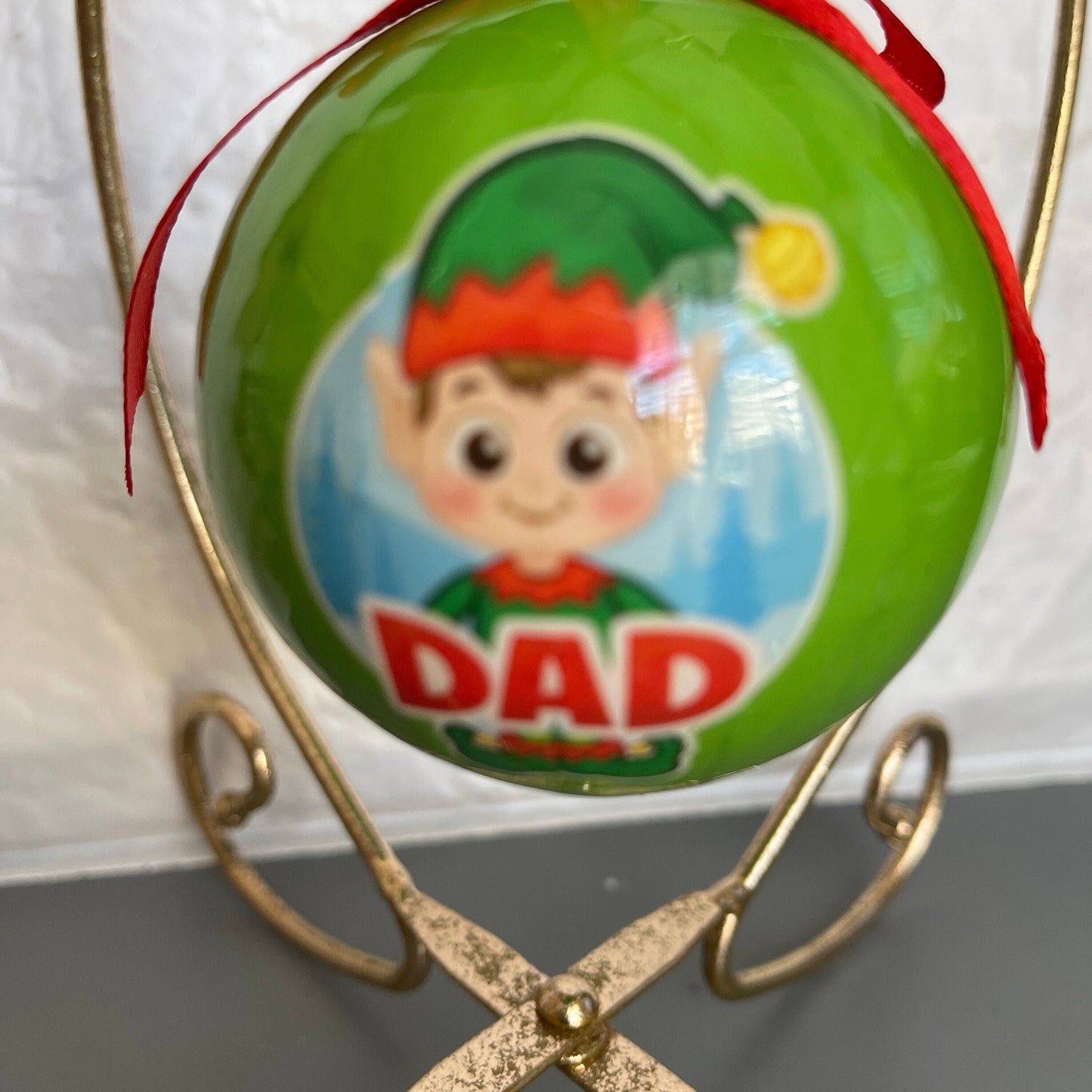 Dad Elf Green Plastic Ball Ornament with Red Ribbon Hanger Vintage Christmas Tree Ornament