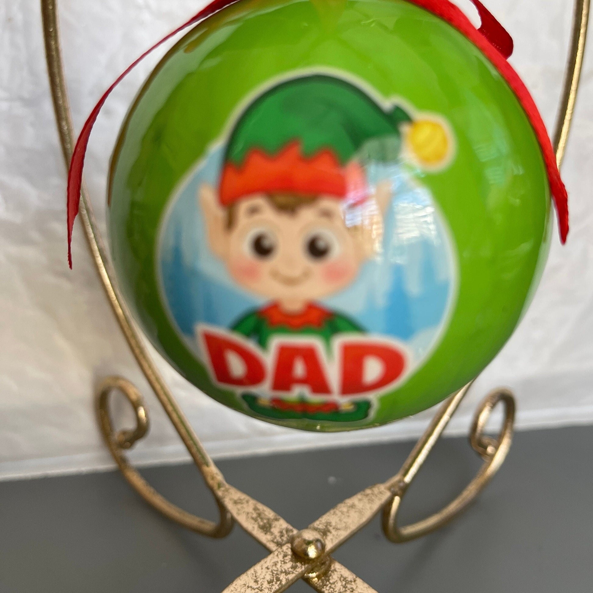 Dad Elf Green Plastic Ball Ornament with Red Ribbon Hanger Vintage Christmas Tree Ornament