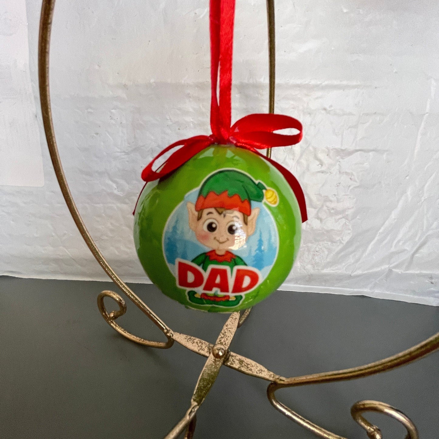 Dad Elf Green Plastic Ball Ornament with Red Ribbon Hanger Vintage Christmas Tree Ornament