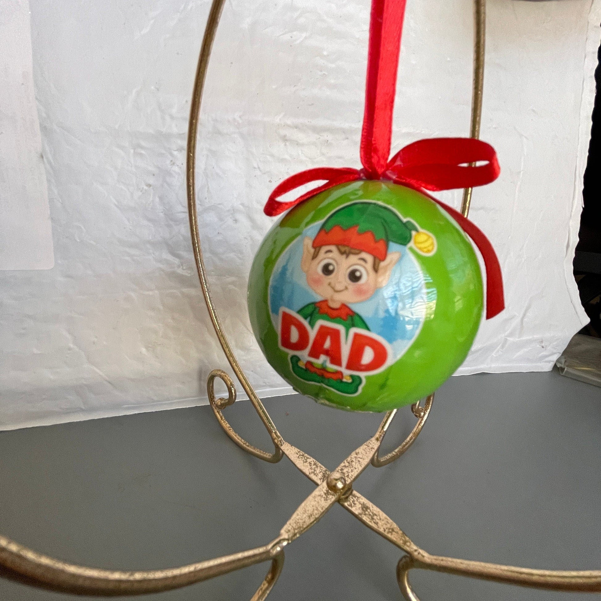 Dad Elf Green Plastic Ball Ornament with Red Ribbon Hanger Vintage Christmas Tree Ornament