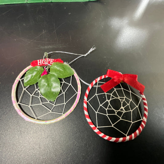 Dreamcatcher Hope with HMistletoe and red striped with red ribbon set of 2 ornaments