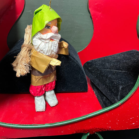 Precious paper mache' Krampus German style stick carrying Elf ornament 4.5 inches