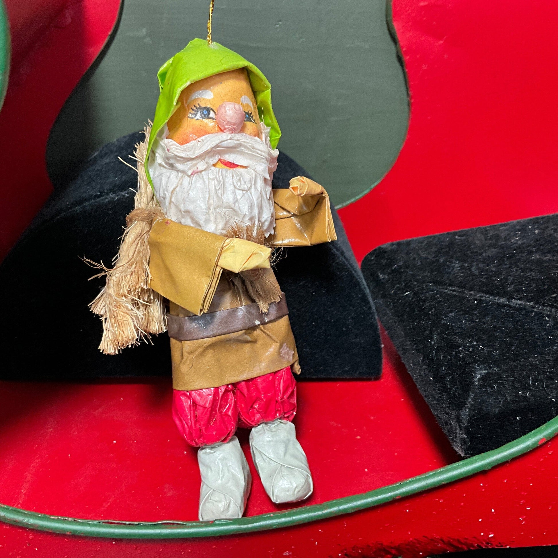 Precious paper mache' Krampus German style stick carrying Elf ornament 4.5 inches