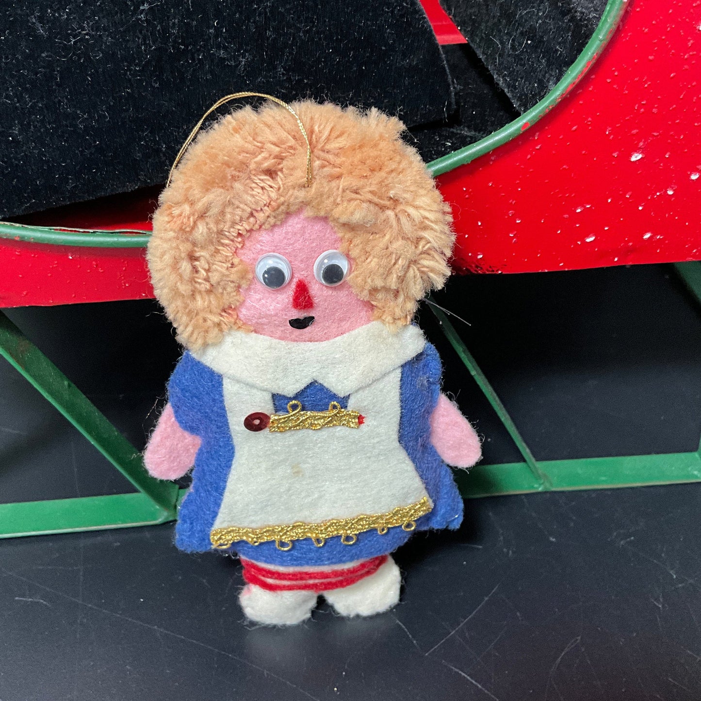Handcrafted raggedy style felt doll with moving eyes vintage ornament