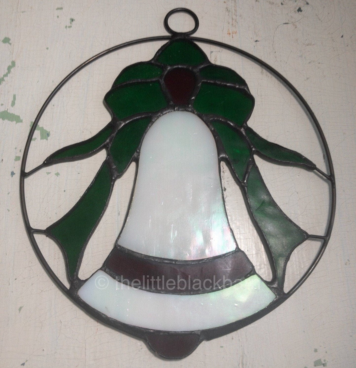 Stained Glass, Set of 3 Nice, Poinsettia, Santa, and Bell, Vintage Holiday Ornaments