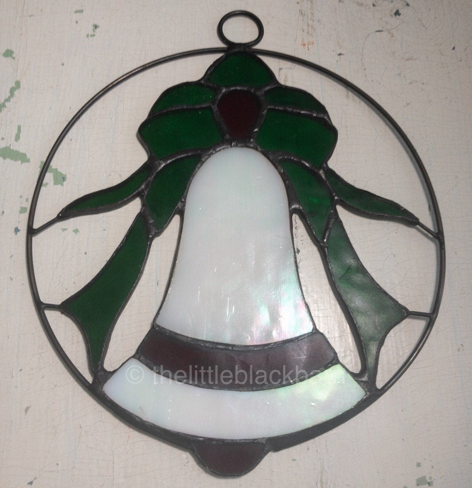 Stained Glass, Set of 3 Nice, Poinsettia, Santa, and Bell, Vintage Holiday Ornaments