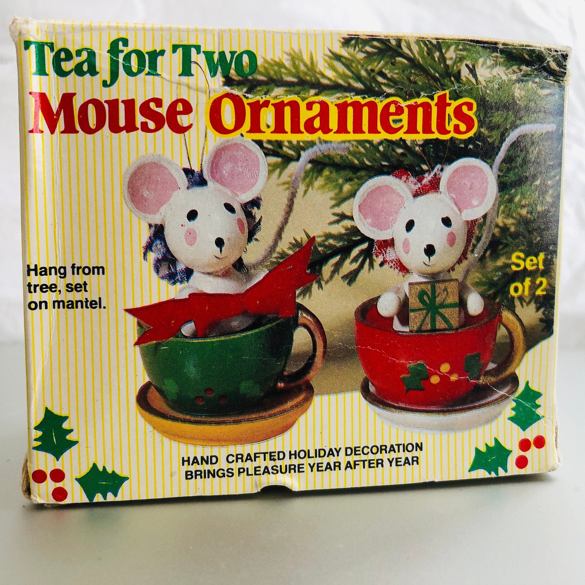 Giftco, Tea For Two, Mouse Ornaments, Vintage 1983, Set Of 2, Wooden Ornaments