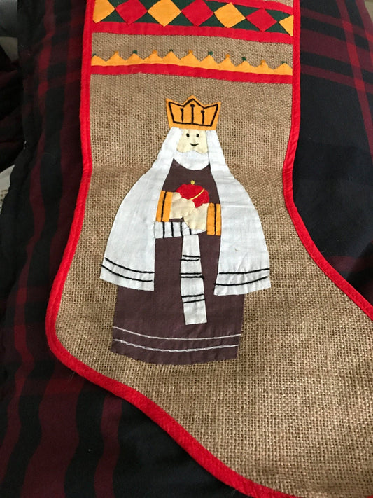 Handstitched stocking on Burlap