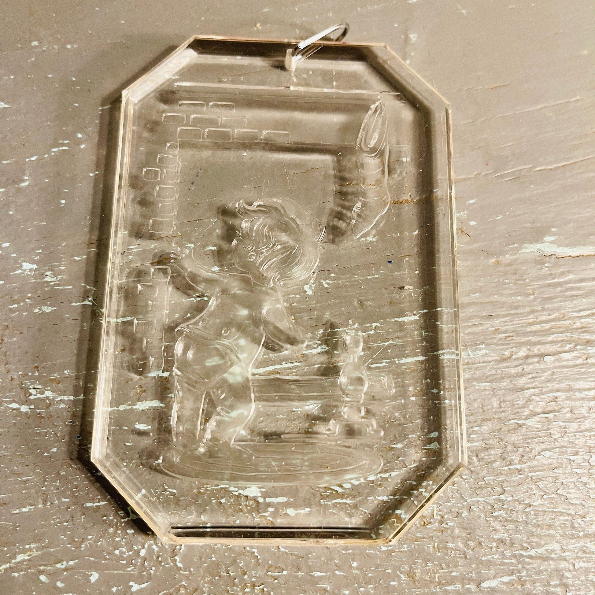 Crystal Etchings By Comar Boy At The Fireplace Looking For Santa , Vintage 1977, Acrylic Ornament