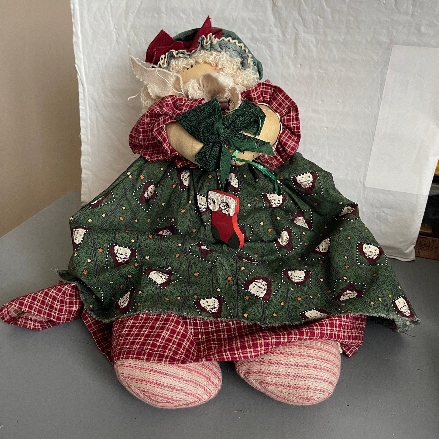 Primitive Hand Made Christmas Rag Doll Holding a Wooden Stocking Ornament 17 Inches Tall