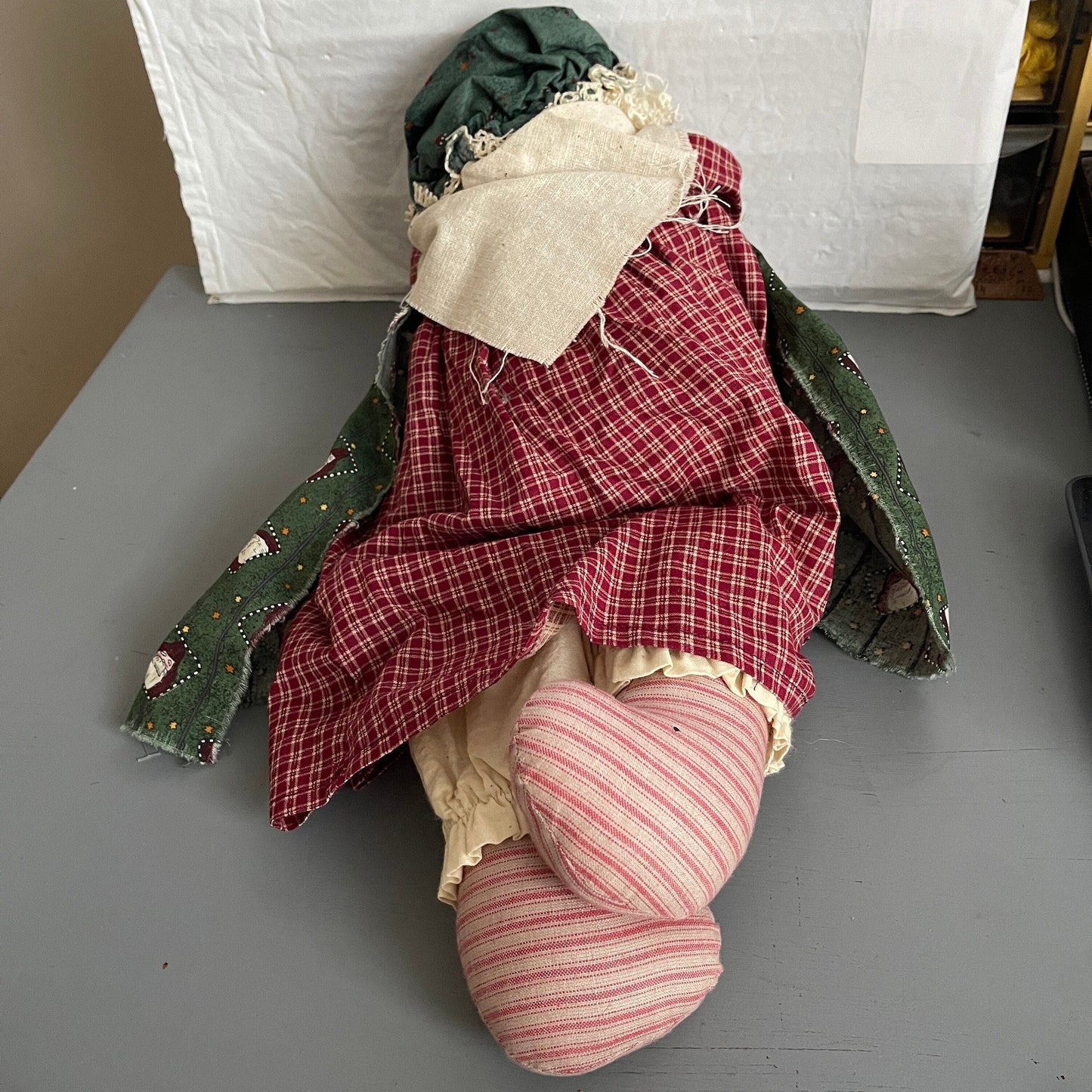 Primitive Hand Made Christmas Rag Doll Holding a Wooden Stocking Ornament 17 Inches Tall