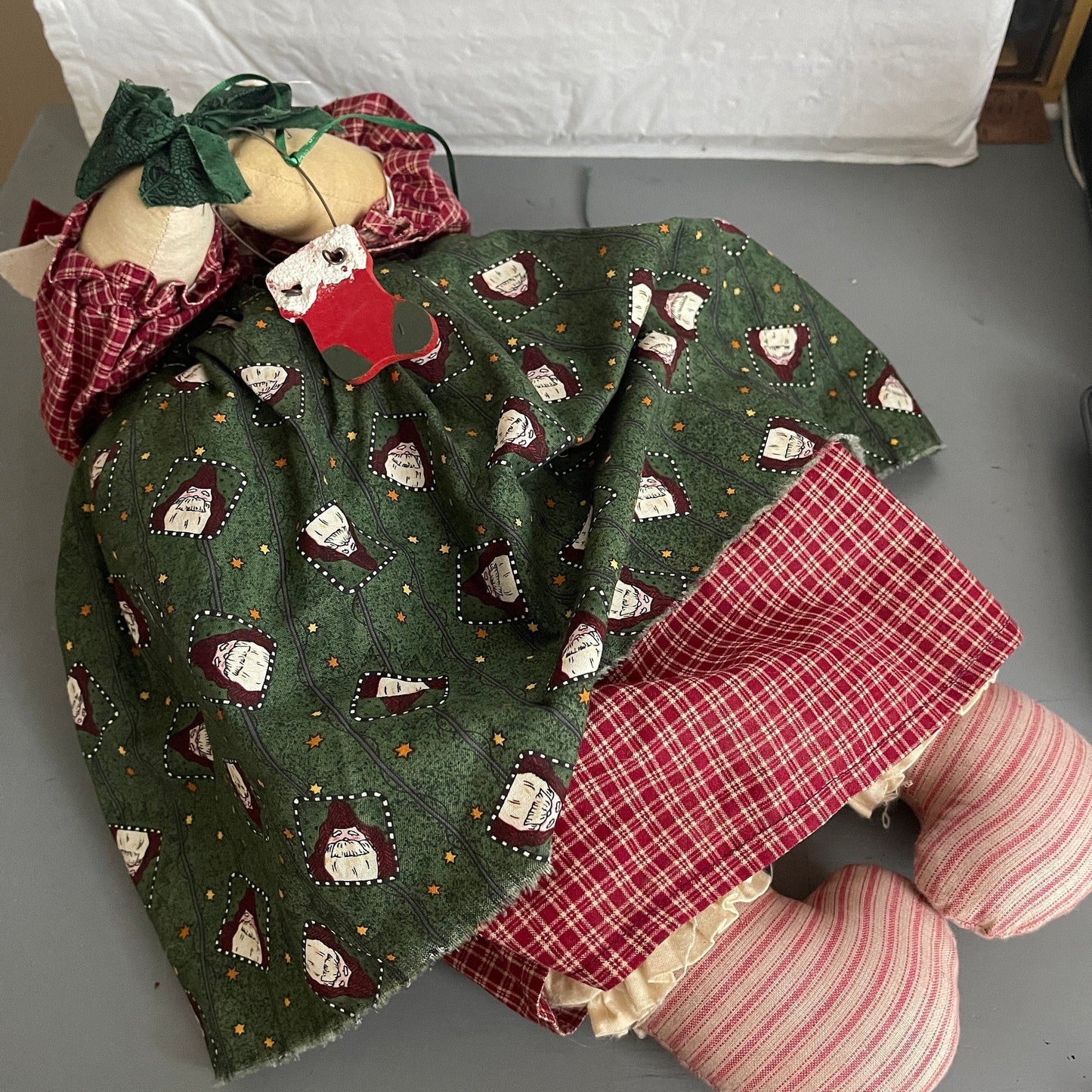 Primitive Hand Made Christmas Rag Doll Holding a Wooden Stocking Ornament 17 Inches Tall