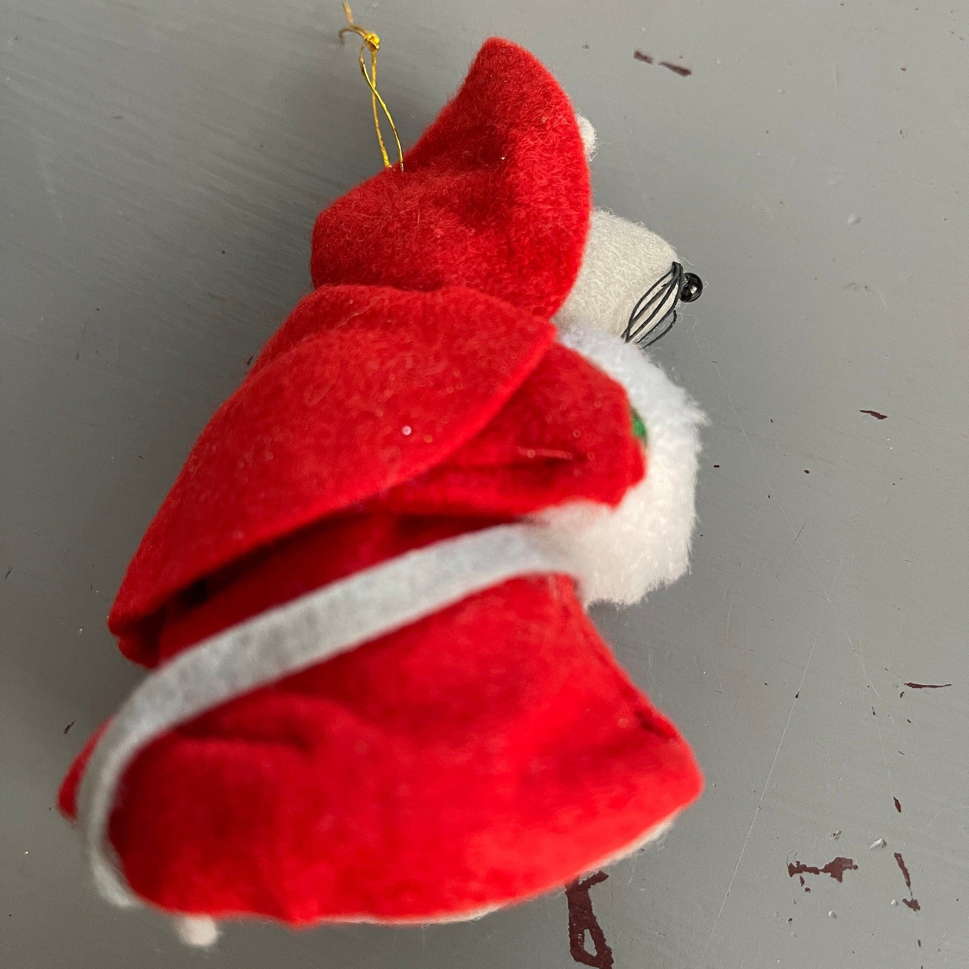 Pretty Little Lady Mouse In Red Bonnet and Coat with White Hand Warmer Vintage Felt Christmas Ornament