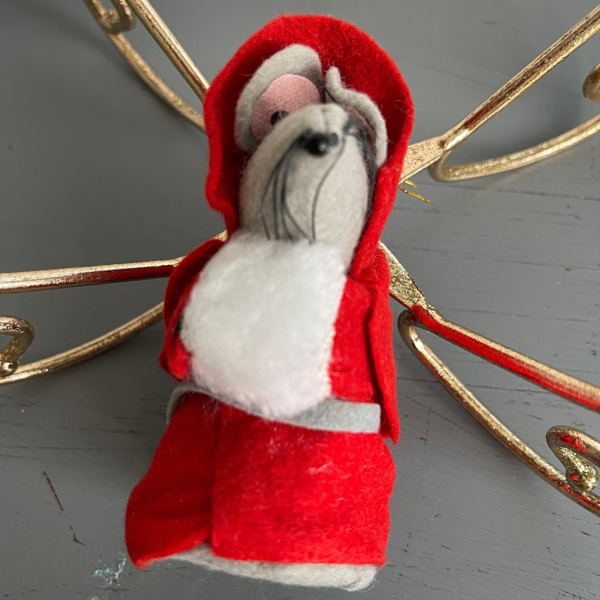 Pretty Little Lady Mouse In Red Bonnet and Coat with White Hand Warmer Vintage Felt Christmas Ornament
