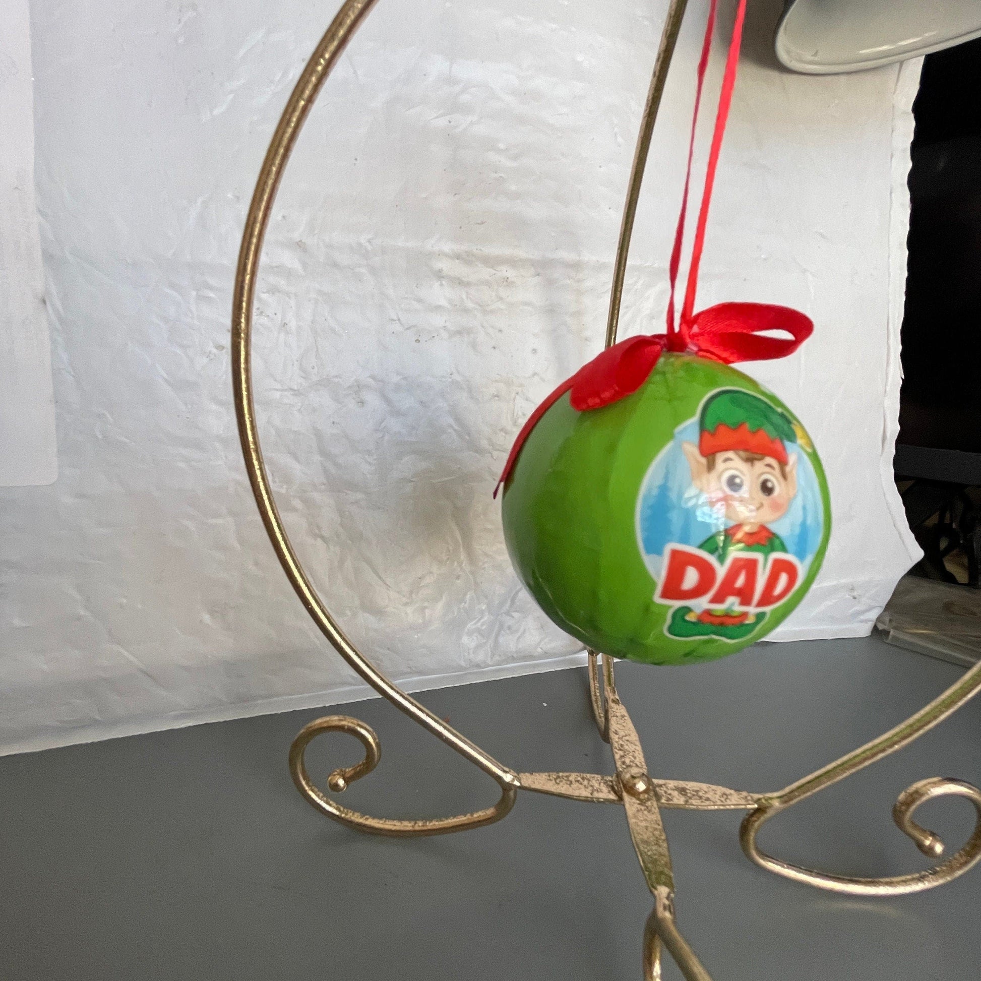 Dad Elf Green Plastic Ball Ornament with Red Ribbon Hanger Vintage Christmas Tree Ornament