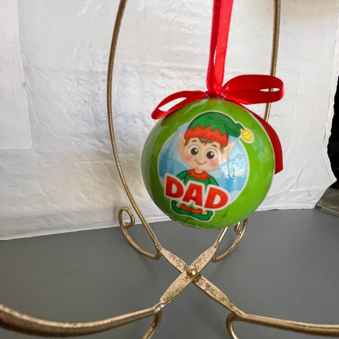 Dad Elf Green Plastic Ball Ornament with Red Ribbon Hanger Vintage Christmas Tree Ornament