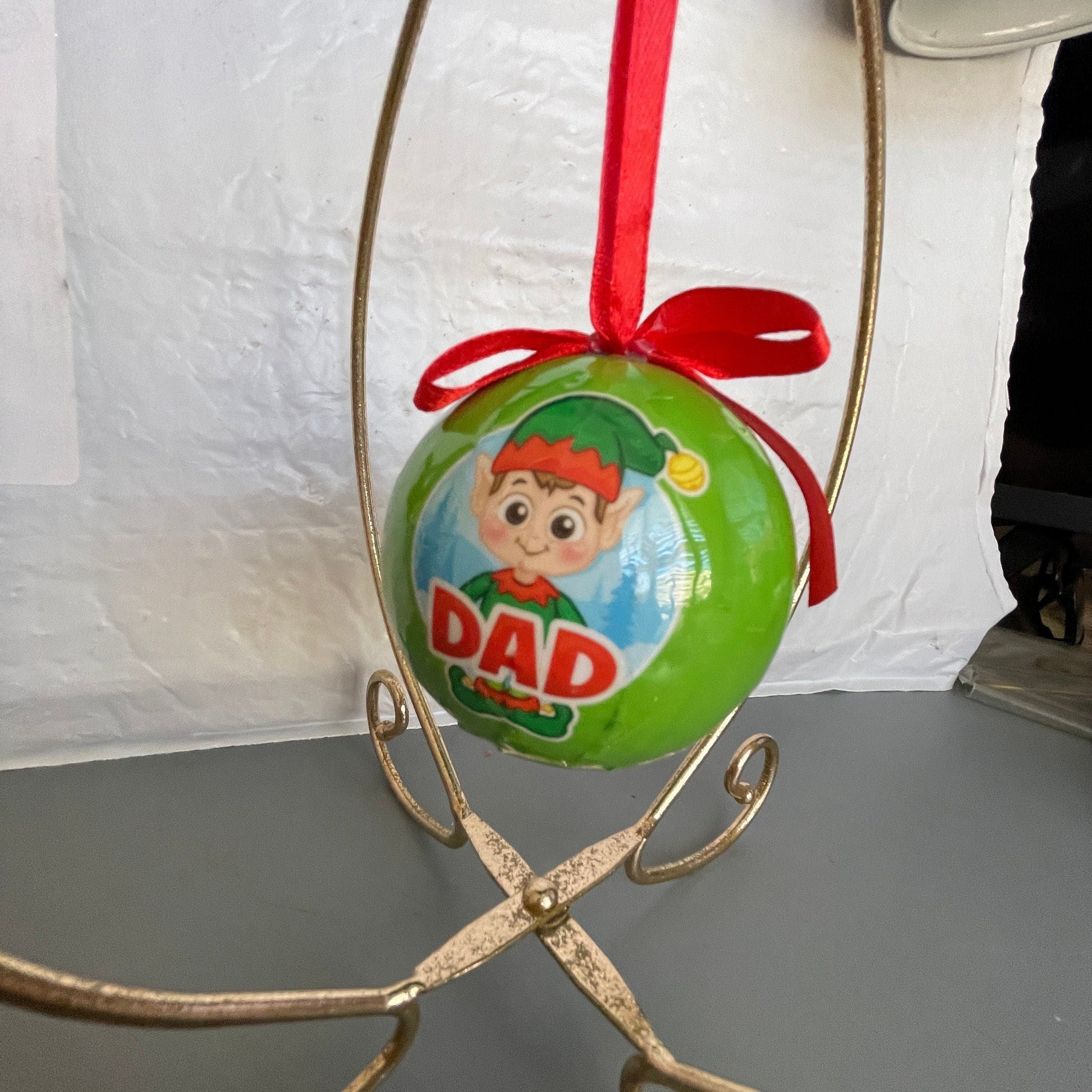 Dad Elf Green Plastic Ball Ornament with Red Ribbon Hanger Vintage Christmas Tree Ornament