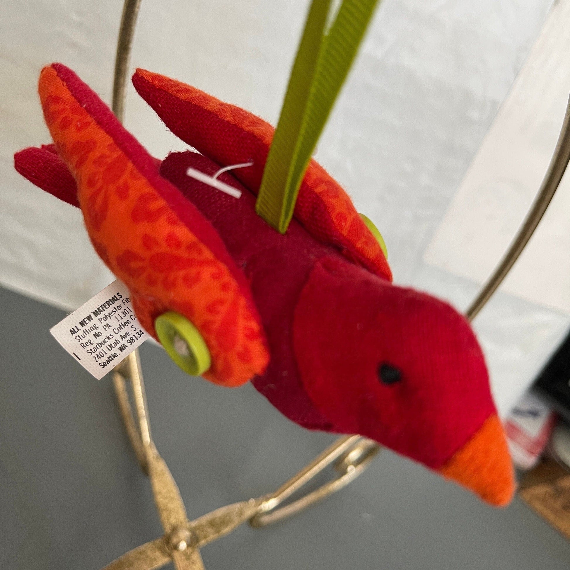 Starbucks Ravishing Red Bird with Buttoned On Wings Plush Christmas Ornament