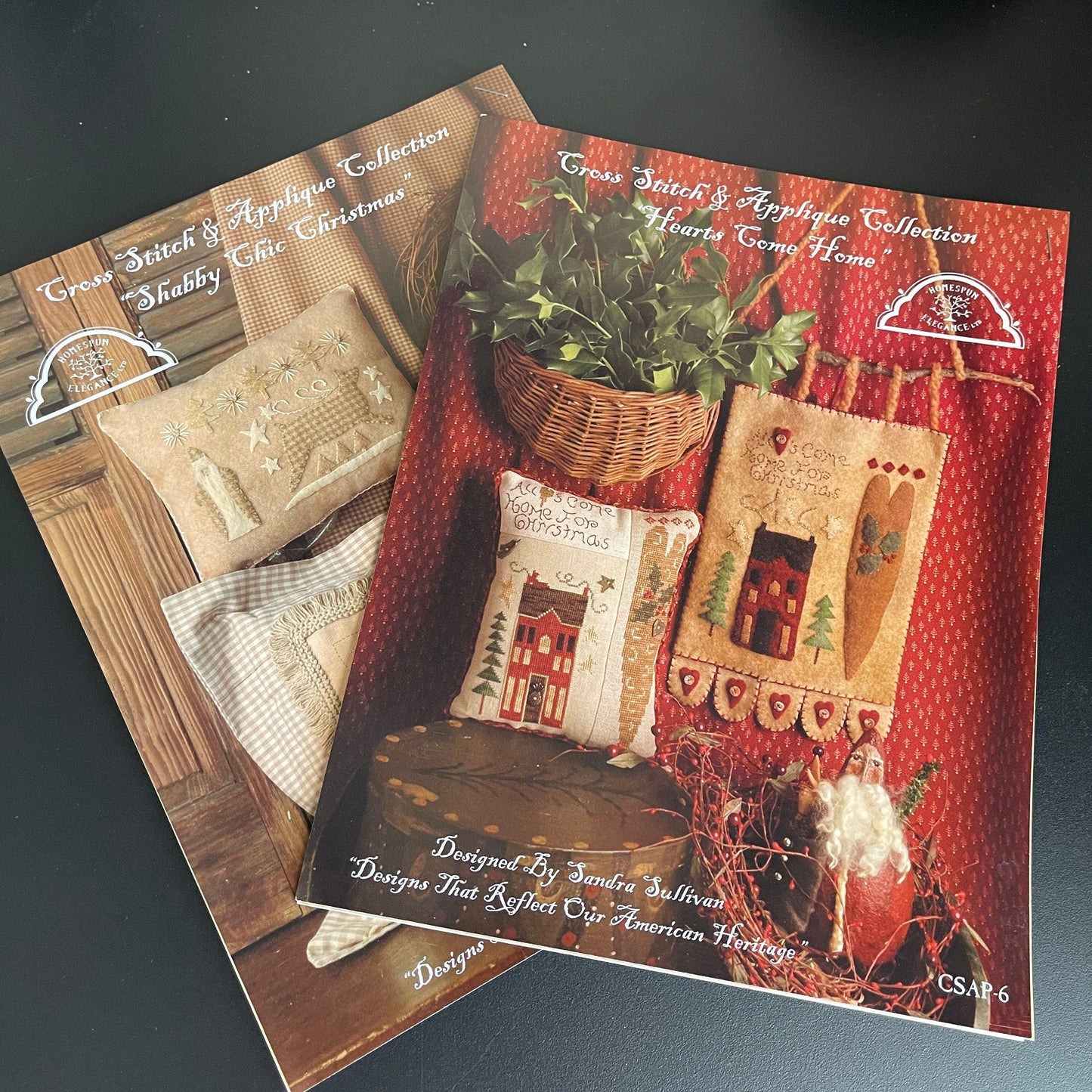 Homespun Elegance Set of 2 Cross Stitch Applique' Collection Shabby Chic Christmas and Hearts Come Home Vintage 2005 Charts