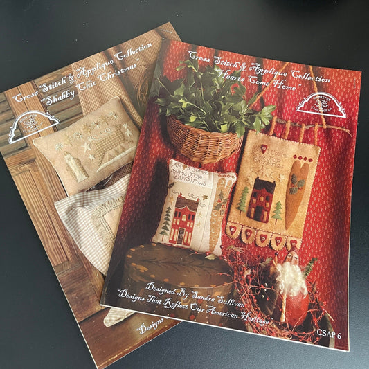 Homespun Elegance Set of 2 Cross Stitch Applique' Collection Shabby Chic Christmas and Hearts Come Home Vintage 2005 Charts