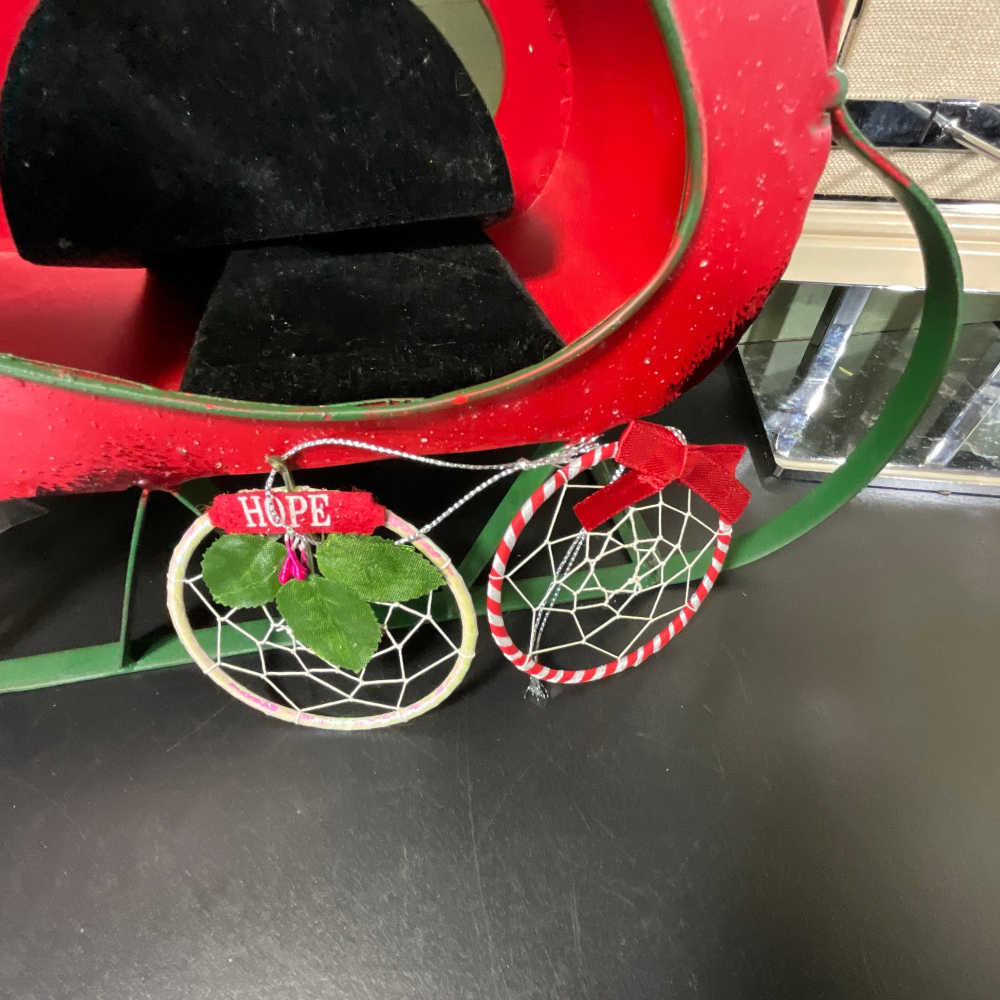 Dreamcatcher Hope with HMistletoe and red striped with red ribbon set of 2 ornaments