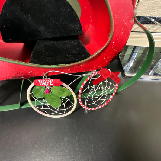 Dreamcatcher Hope with HMistletoe and red striped with red ribbon set of 2 ornaments