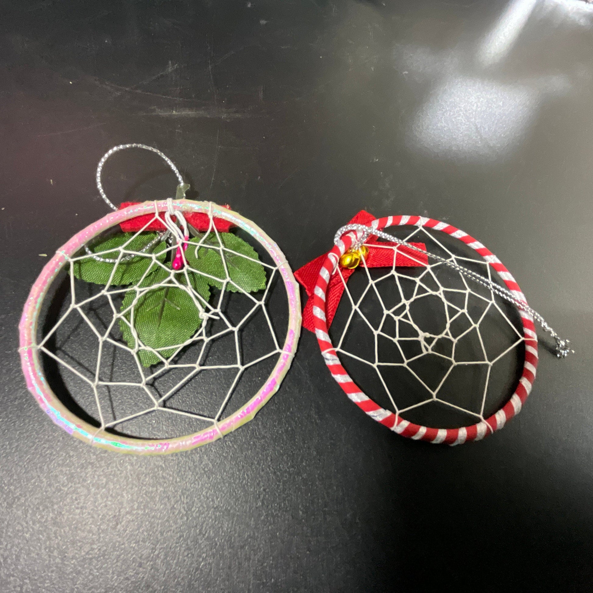 Dreamcatcher Hope with HMistletoe and red striped with red ribbon set of 2 ornaments