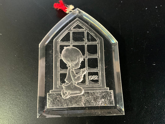 Christmas Treasure child in prayer vintage 1982 clear acrylic ornament with red felt cover