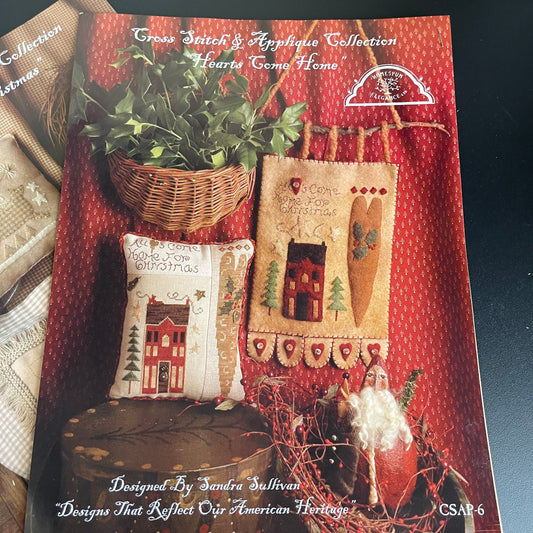 Homespun Elegance Set of 2 Cross Stitch Applique' Collection Shabby Chic Christmas and Hearts Come Home Vintage 2005 Charts