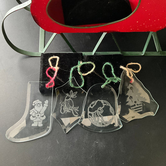 Elegant etched beveled glass set of 4 vintage Christmas ornaments