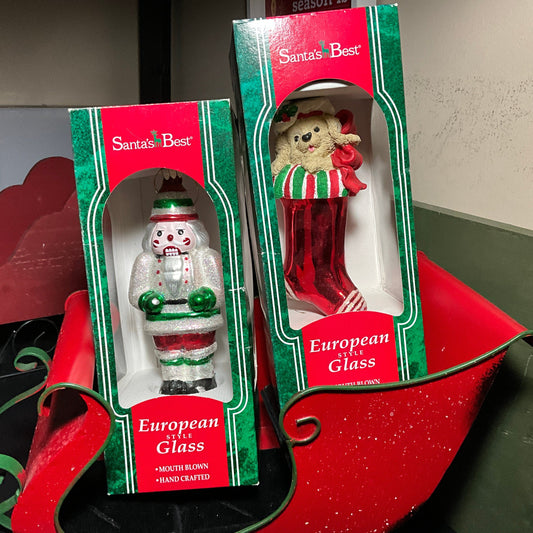Santa's Best set of 2 European Style Glass Nutcracker soldier & puppy in Christmas stocking mouth blown handcrafted ornaments